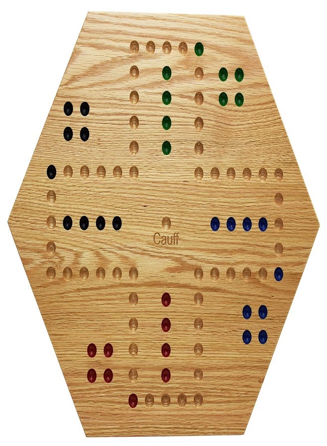 Cauff 20 Inch Solid Oak Double-Sided Marble/Wahoo Board Game with Hand-Finished and Hand-Painted Oak, Glass Marbles, Velvet Bag, 4 and 6 Player Sides - Premium Family Game - Image 4